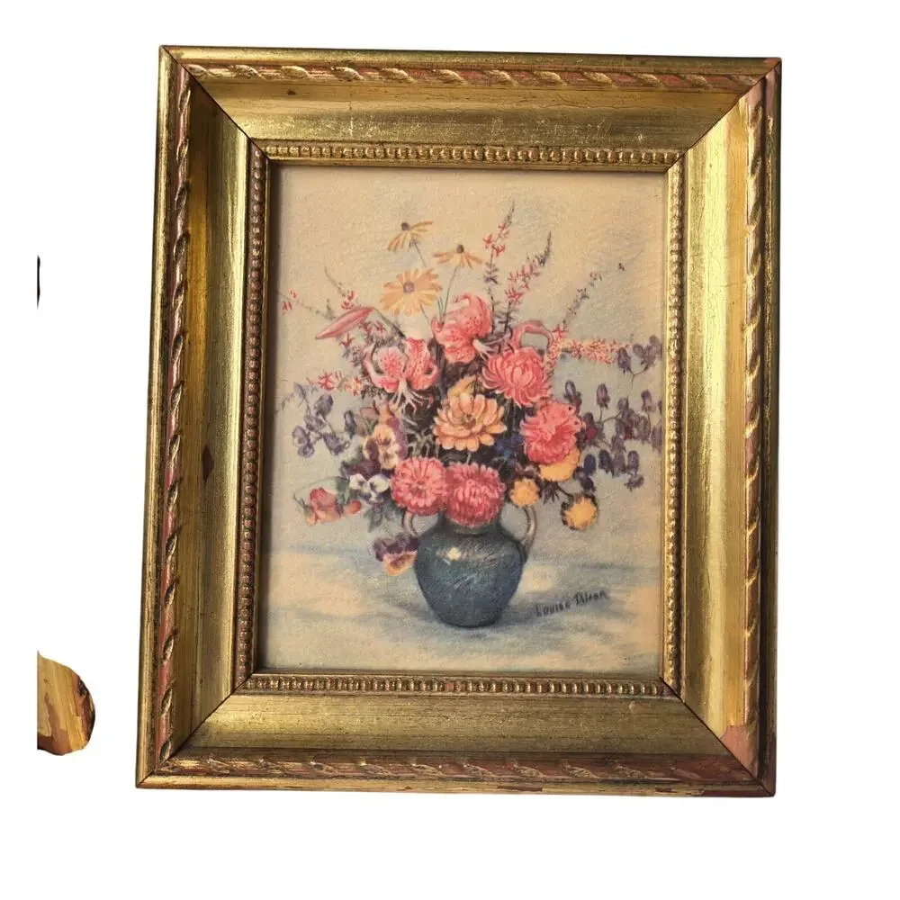 Vintage Gold Set of Two Flowers/Botanical in Vase Louise Biron picture W-21 - Picture 3 of 6